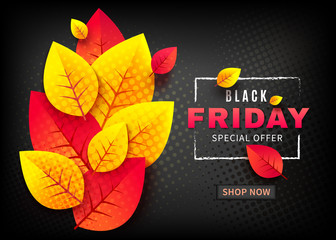 Black friday sale vector promotion banner with colorful leaves and white frame on textured background. Fall season, template for autumn seasonal discounts, shop now, special offer ad