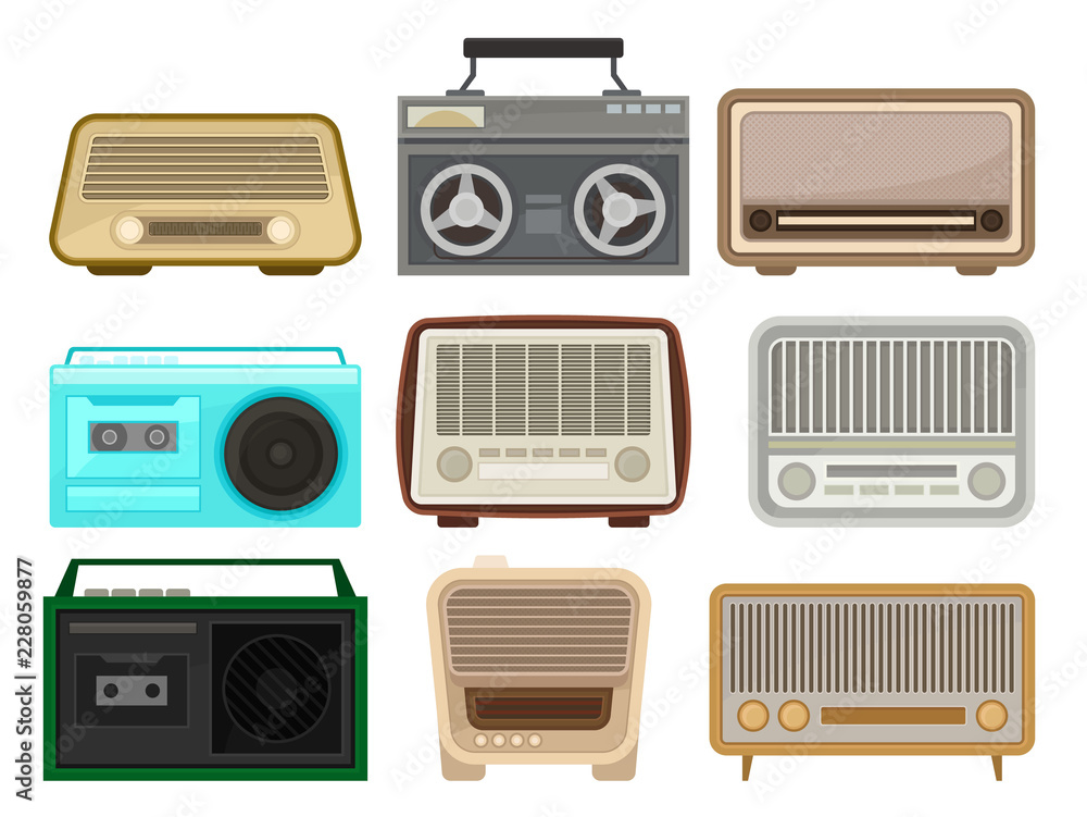 Poster flat vector set of different retro radio and tape recorders. vintage music players. elements for mob