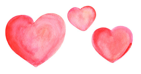 Obraz na płótnie Canvas A set of watercolour drawings of vibrant pink hearts, isolated on a white background