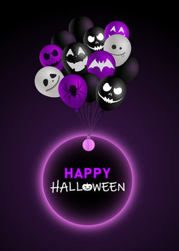 Purple shiny Happy Halloween card with balloons with scary faces.