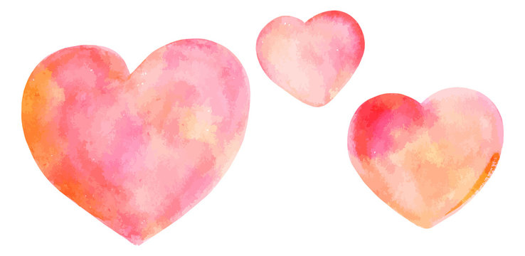 A vector set of watercolour drawings of pink hearts, isolated on a white background