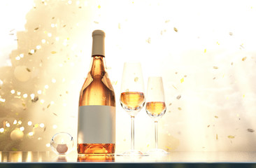 Scene of glasses of champagne and bottle of champagne decorated for holidays celebration background,3d rendering