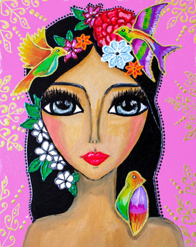 Painting, portrait of a young woman with big eyes, with flowers on her head and hummingbirds, bright colors.