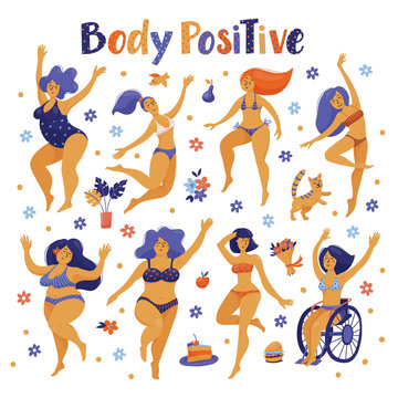 Set of happy slim and plus size women in bikini, swimming suits dancing, flat vector illustration isolated on white background. Body positive, girl power concept - set of various happy women, girls