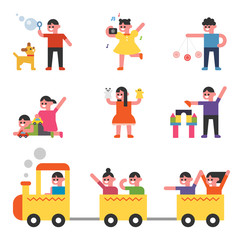 A cute children's character set to play happily.  flat design style vector graphic illustration.