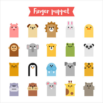 cute finger puppet animal face icon 20 set. flat design style vector graphic illustration.