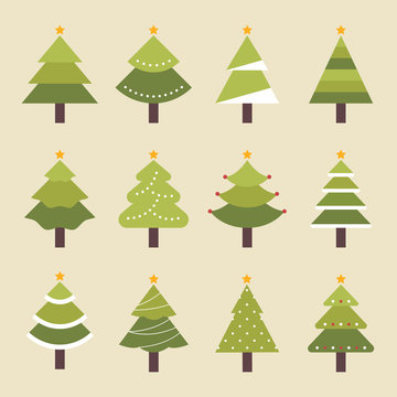 various kind of Christmas tree set. flat design style vector graphic illustration.