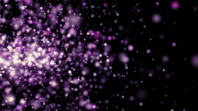 Purple particles sparkles flying on black background. Holidays abstract animation.