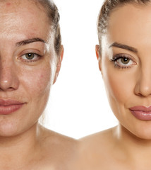 Makeover concept. Woman without and with makeup on white background