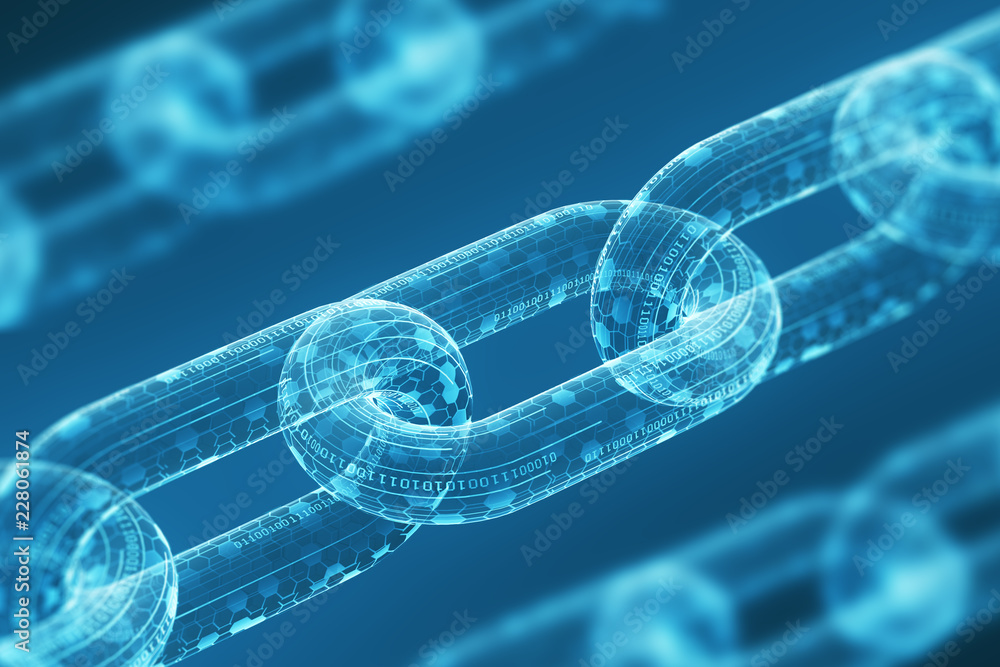 Poster three diagonal digital chains on a blue background. blockchain technology concept. mining and crypto