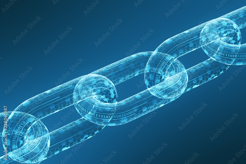 Poster block chain made of digital code on a blue background. concept of cryptocurrency and mining bitcoin.