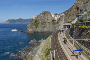 Manarola railway station overlooking the Cinque Terre sea, Liguria, Italy