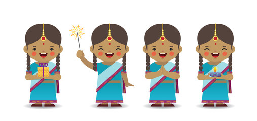Set of cute cartoon indian girl in different pose isolated on white background. Diwali or Deepavali flat vector design.