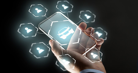 business, transportation and future technology concept - close up of businessman hand with...