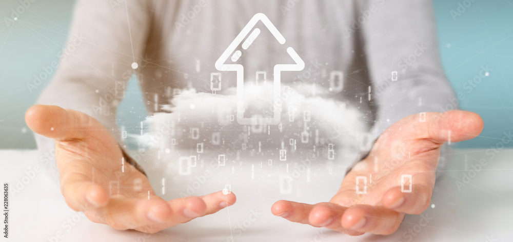 Poster businessman holding a binary cloud with upload internet arrow 3d rendering