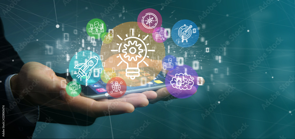 Poster cloud of colorfull start up icon bubble with data businessman holding a binary 3d rendering