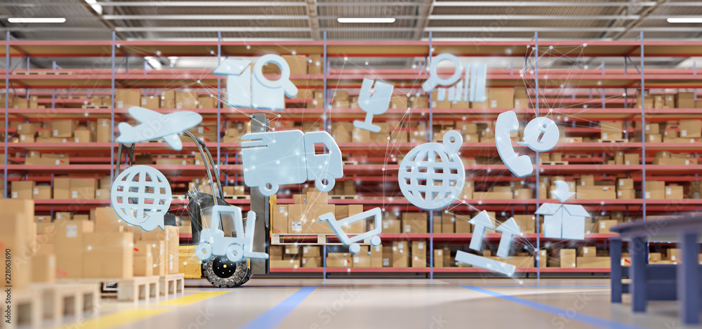 Poster logistic organisation on a warehouse background 3d rendering