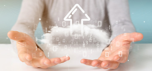 Businessman holding a Binary cloud with upload internet arrow 3d rendering - obrazy, fototapety, plakaty