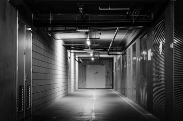 Black and white hall with doors and lights