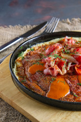 Omelette with bacon. Rural breakfast.