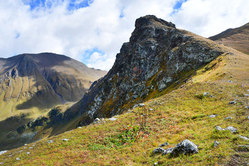 Russia, Arkhyz. Mountains in september in cloudy day