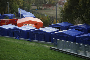 Tents at a camp site for refugees during the drill of a catastrophic earthquake