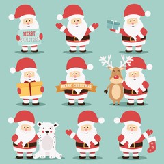 Collection of cute Santa Claus characters with reindeer, bear and gifts