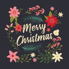 Fototapeta na wymiar Typographic Merry Christmas card with floral decorative elements