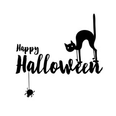 Happy halloween party title logo template. Spider and web, cat