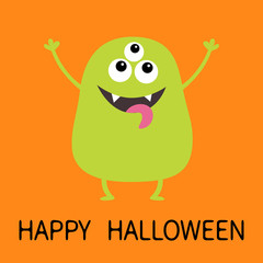 Happy Halloween. Green monster silhouette. Cute cartoon scary funny character. Baby collection. Eyse, fang tooth, tongue, hands up. Orange background. Isolated. Flat design.