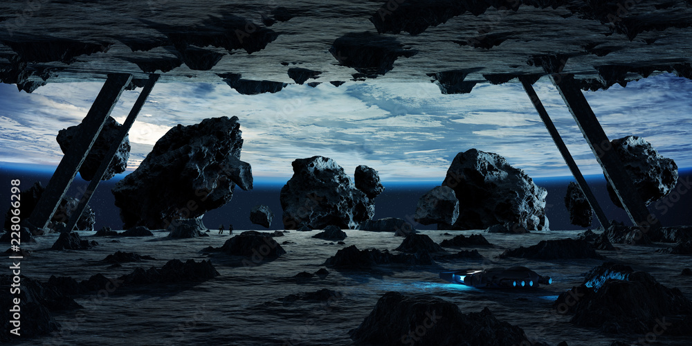 Poster Astronauts exploring an asteroid spaceship 3D rendering elements of this image furnished by NASA