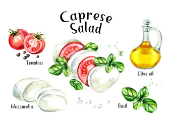 Foto auf Acrylglas Küche Rezept für Caprese-Salatzutaten. Gezeichnete Illustration des Aquarells Hand lokalisiert auf weißem Hintergrund