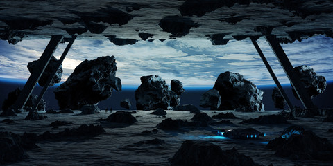 Astronauts exploring an asteroid spaceship 3D rendering elements of this image furnished by NASA