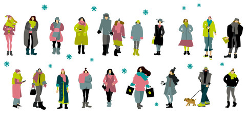 Big winter set people: man with dog, lovers. shopping woman, sale, woman with coffee, woman with phone, woman in hat, woman in a scarf