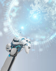 White humanoid hand using globe network hologram with Europe map 3D rendering