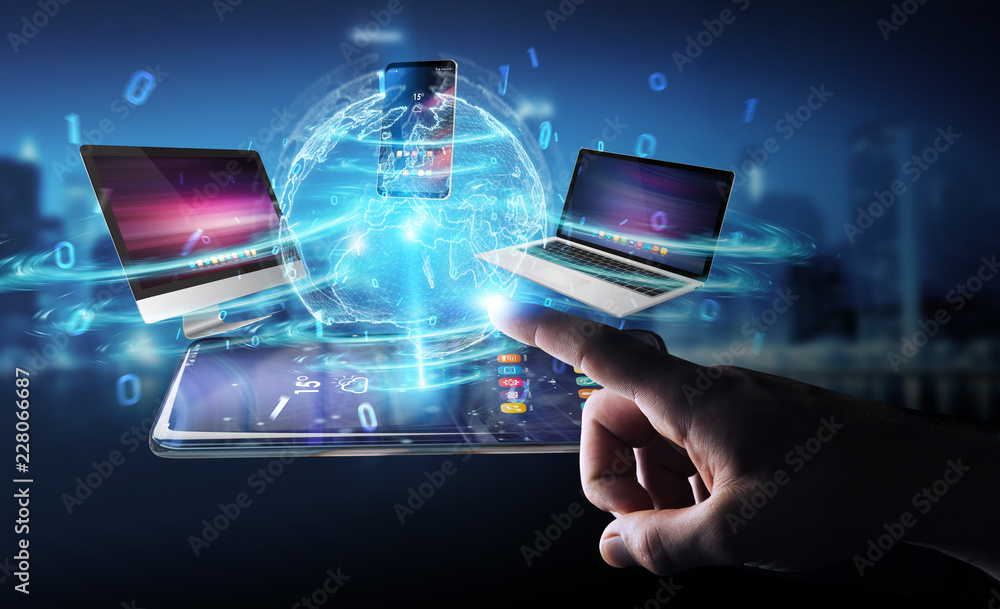 Poster modern devices connected in businessman hand 3d rendering
