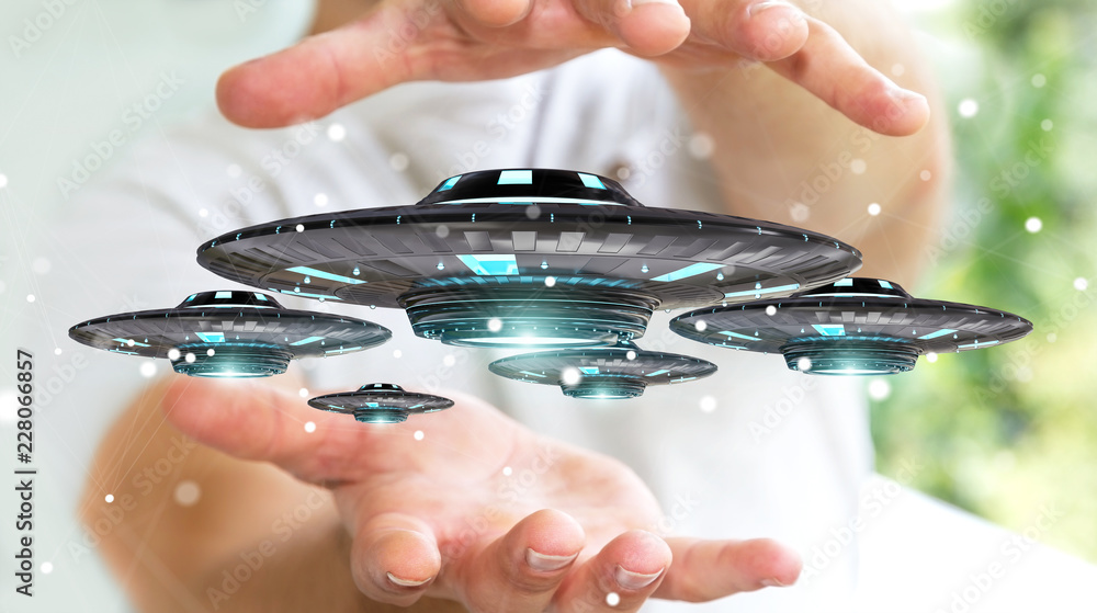 Poster businessman with retro ufo spaceship 3d rendering