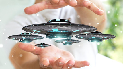 Businessman with retro UFO spaceship 3D rendering