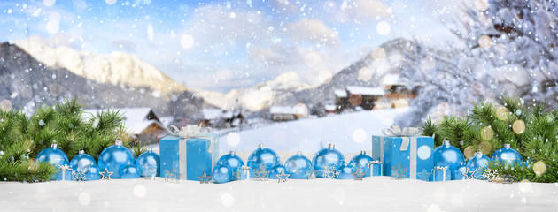 Blue christmas baubles and gifts lined up 3D rendering