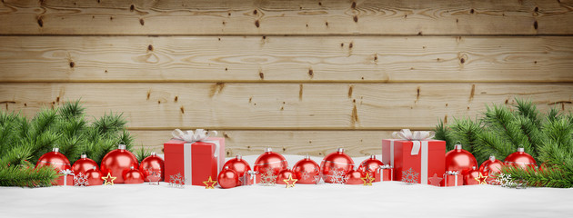 Red christmas baubles and gifts lined up 3D rendering