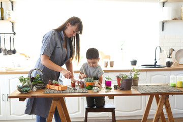 boy and teacher take care of plants, create