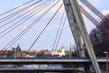 Rhine bridge with the old Swiss town Schaffhausen and its landmark Munot in the background