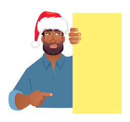 African man in hat holding blank banner.