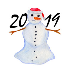 watercolor snowman with a Christmas hat and the inscription 2019