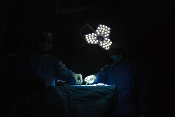 Two surgeons performing surgery in dimly lit operating room, illuminated only by overhead LED surgical lamp, creating focused atmosphere for precision and concentration in medical procedure.
