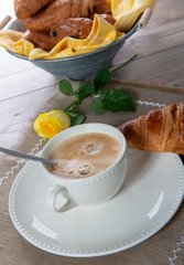french breakfast coffee with milk and croissants