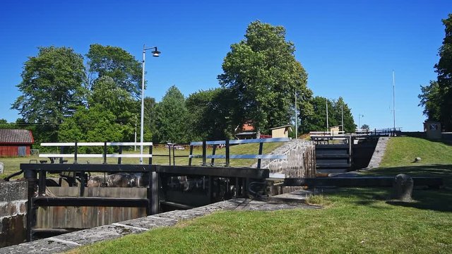 Sluice gates and surrounding landscape at Hajstorp along Gota canal in Sweden.