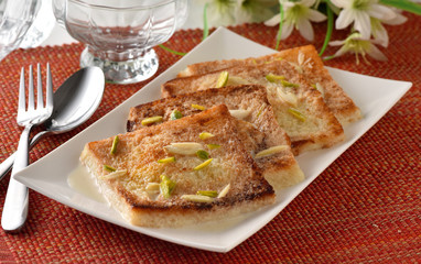 Shahi tukrey, A delicious and yummy bread pudding dipped in condensed cold milk for a mouth melting taste