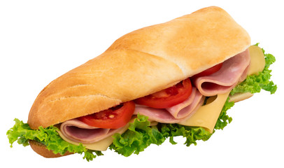 Fresh baguette sandwich with ham, cheese, tomatoes, and lettuce isolated on white background.