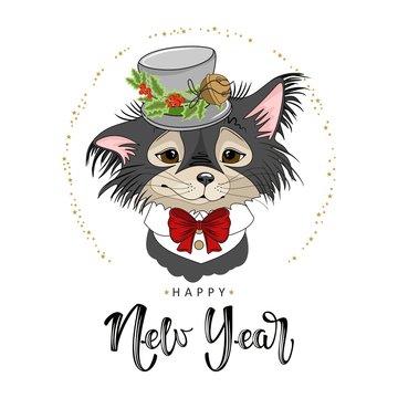 Cute Festive Dog With The Inscription Happy New Year. Vector Illustration.